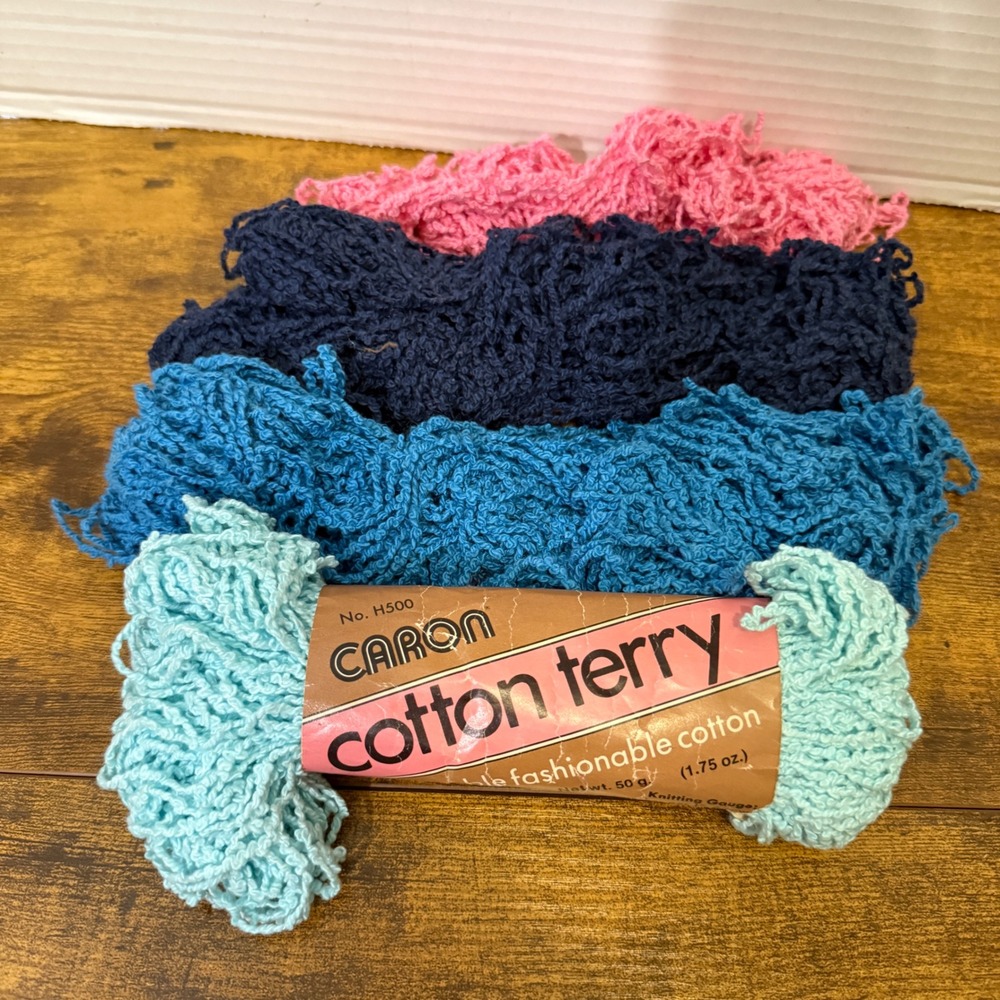 Vtg Caron Cotton Terry Yarn Lot 3.5 Skeins 1.75 oz Blue Navy Mint .5 Pink  Prop